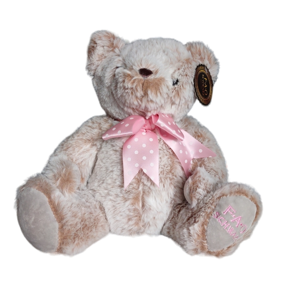 NWT FAO Schwarz Pink Polka Dot Ribbon Stuffed Teddy Bear